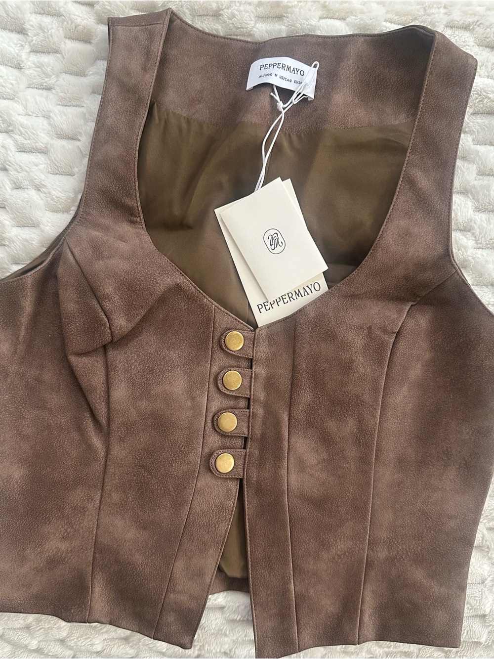 Peppermayo Brown Faux Suede Cropped Vest with Gold Buttons - Picture 2 of 6